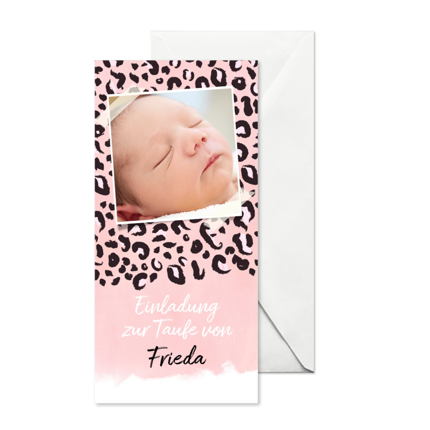 Taufeinladung eigenes Foto Leopardenprint rosa - Karteneindruck
