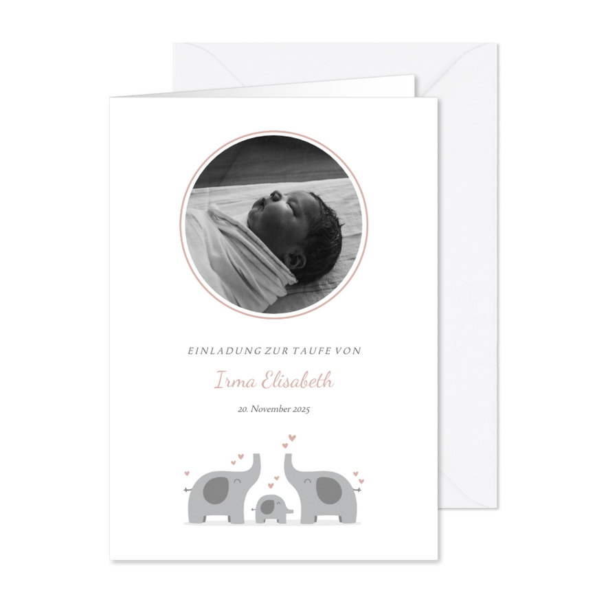 Taufeinladung Elefantenfamilie rosa mit eigenem Foto - Karteneindruck