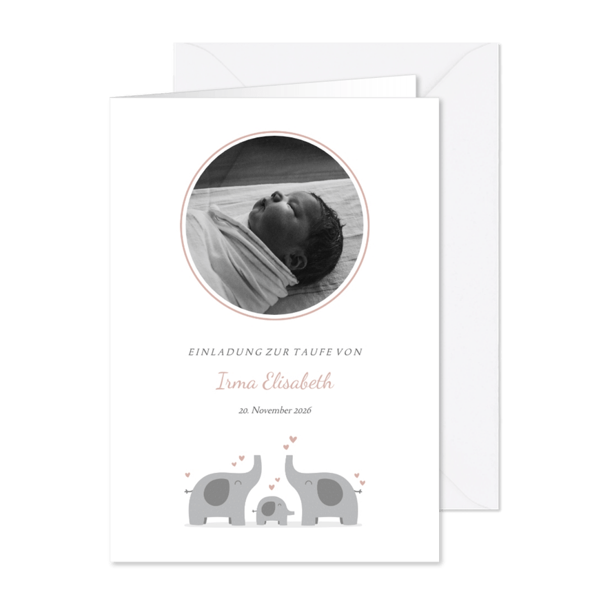 Taufeinladung Elefantenfamilie rosa mit eigenem Foto - Karteneindruck
