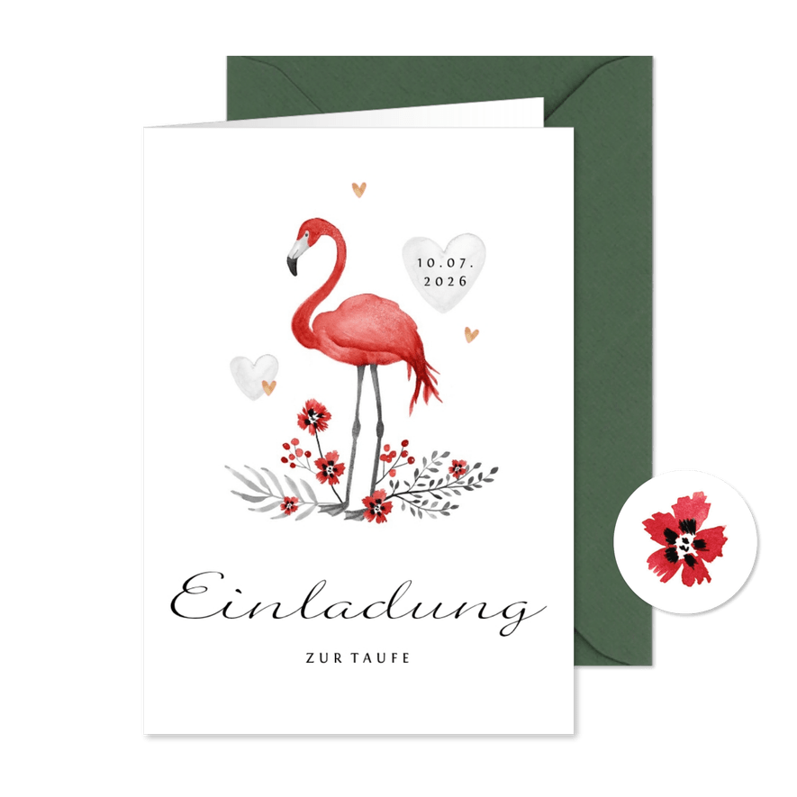 Taufeinladung Flamingo, Blumen und Herzen - Karteneindruck
