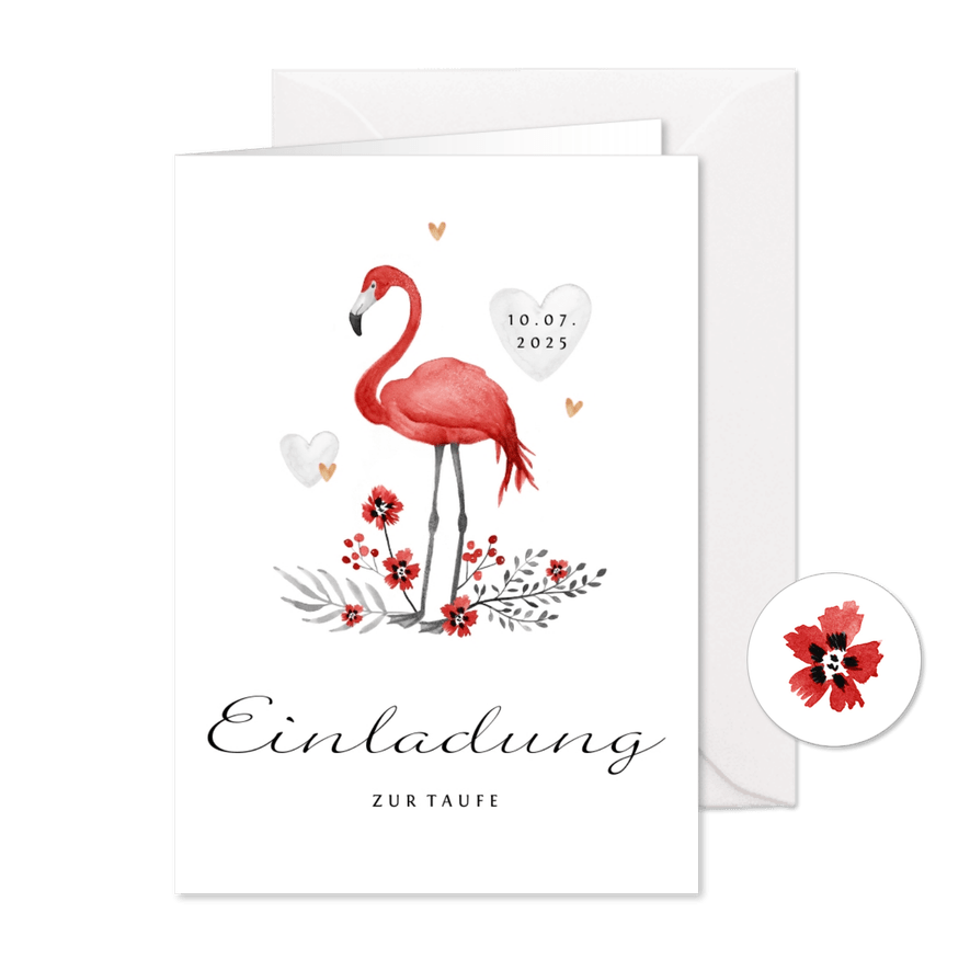 Taufeinladung Flamingo, Blumen und Herzen - Karteneindruck
