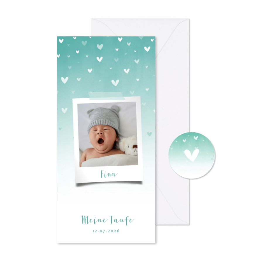 Taufeinladung Foto blau zuckersüße Herzen - Karteneindruck
