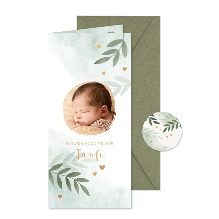 Taufeinladung Foto botanisch grün - Karteneindruck
