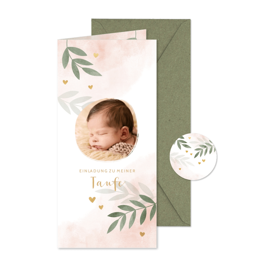 Taufeinladung Foto botanisch rosa - Karteneindruck