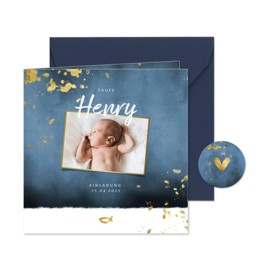 Taufeinladung Foto Goldfisch dunkelblau Aquarell - Karteneindruck