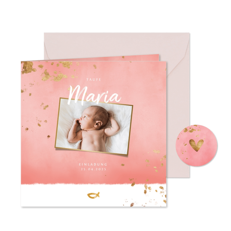 Taufeinladung Foto Goldfisch rosa Aquarell - Karteneindruck
