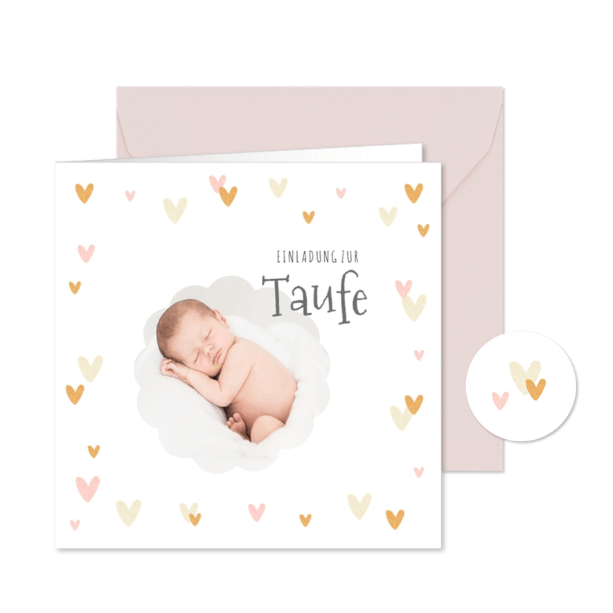 Taufeinladung Foto und kleine Herzen - Karteneindruck