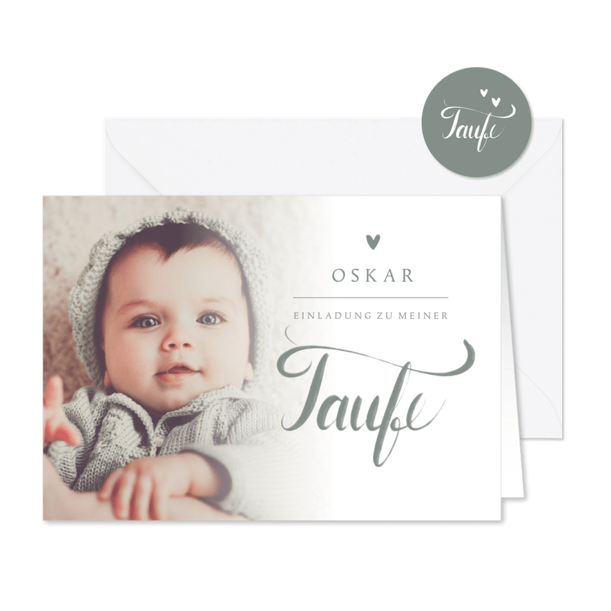 Taufeinladung Foto & Schreibschrift graugrün - Karteneindruck