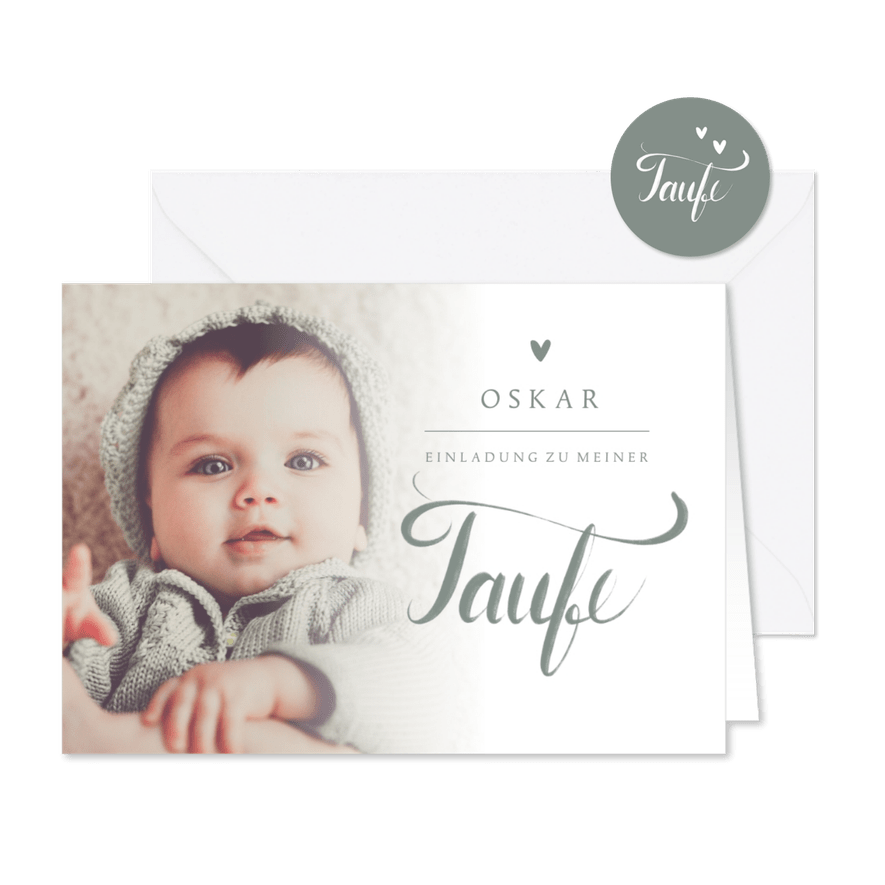 Taufeinladung Foto & Schreibschrift graugrün - Kartenvorschau