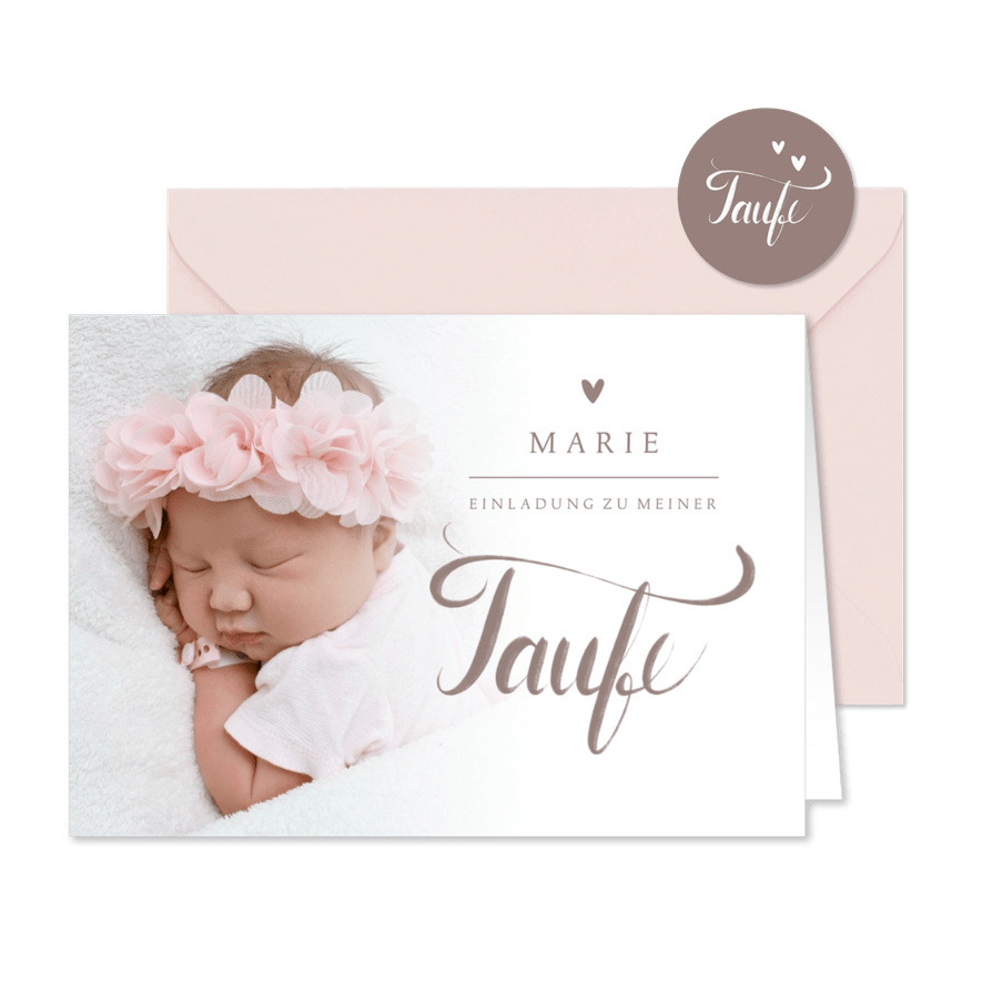 Taufeinladung Foto & Schreibschrift rosé - Karteneindruck
