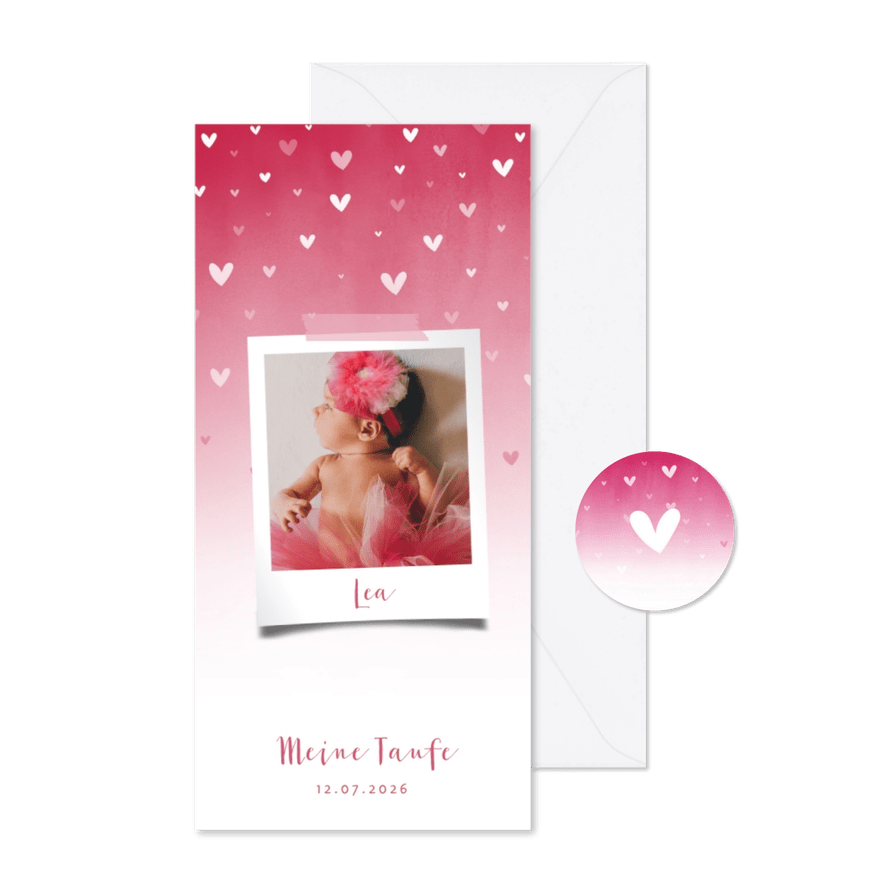 Taufeinladung Foto zuckersüße Herzen - Karteneindruck
