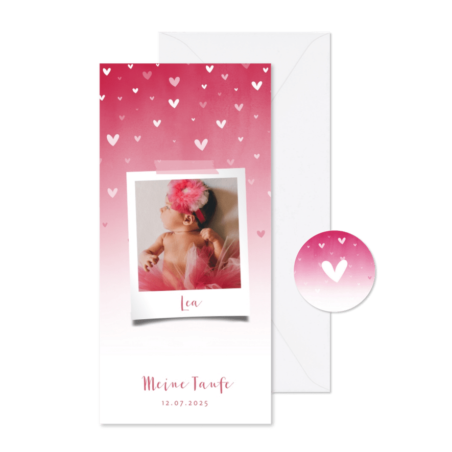 Taufeinladung Foto zuckersüße Herzen - Karteneindruck
