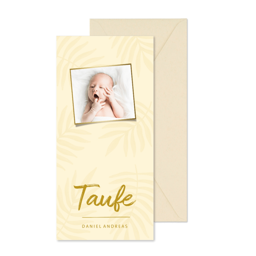 Taufeinladung gelb botanischer Look mit Foto - Karteneindruck
