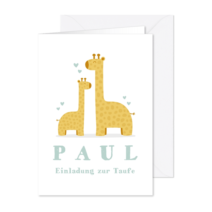 Taufeinladung große und kleine Giraffe blau - Karteneindruck
