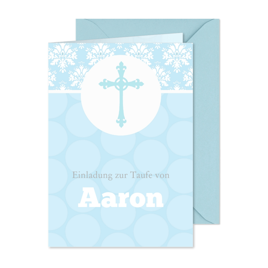 Taufeinladung klassisch hellblaues Kreuz Foto innen - Karteneindruck
