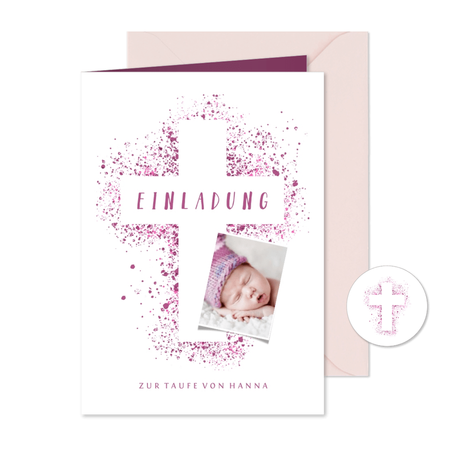 Taufeinladung Kreuz pink Spritztechnik mit Foto - Karteneindruck