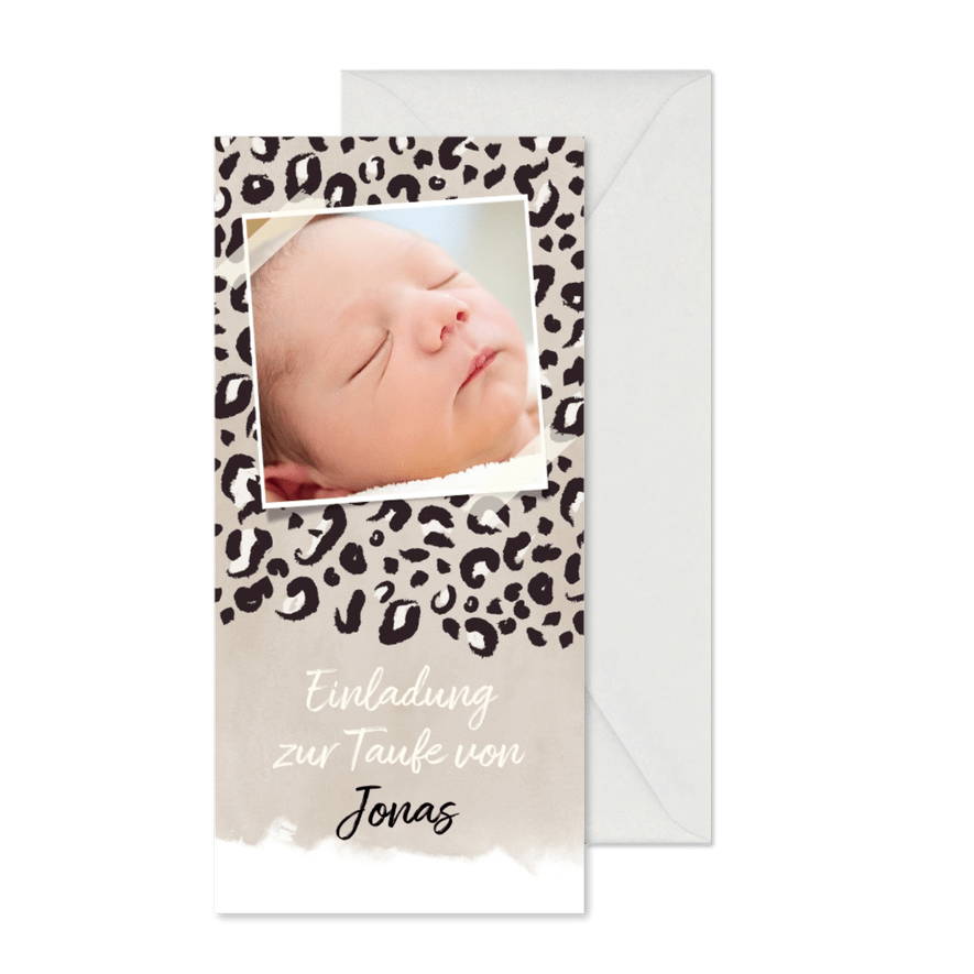 Taufeinladung Leopardenprint eigenes Foto sand - Karteneindruck
