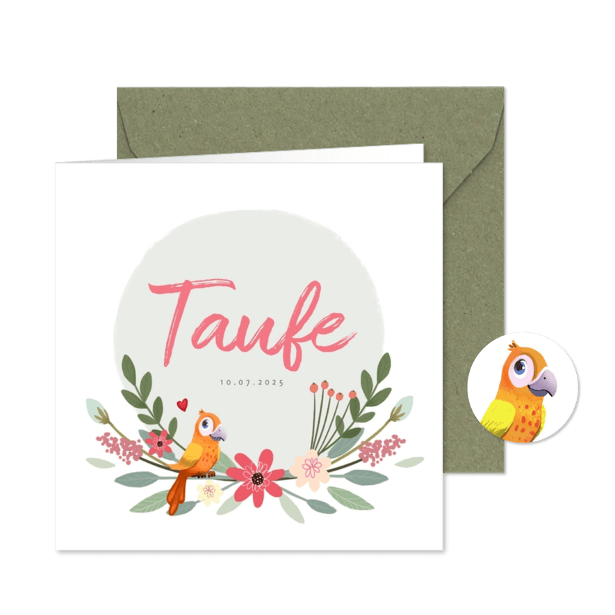 Taufeinladung mit Blumen und Vogel - Karteneindruck
