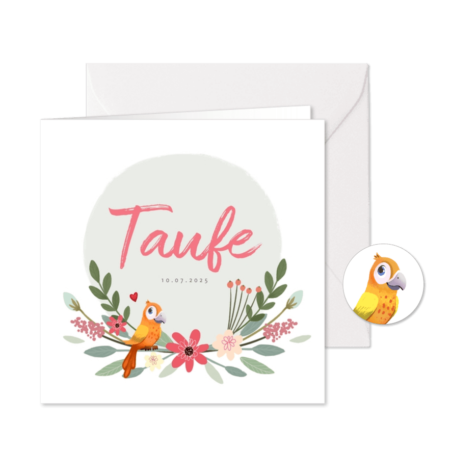 Taufeinladung mit Blumen und Vogel - Karteneindruck
