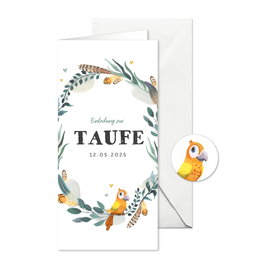 Taufeinladung mit Feder-Blumenkranz und Vogel - Karteneindruck
