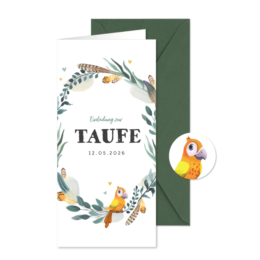 Taufeinladung mit Feder-Blumenkranz und Vogel - Karteneindruck
