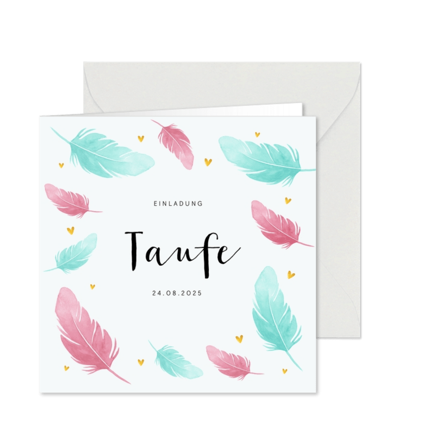 Taufeinladung mit Federn in rosa und blau - Karteneindruck
