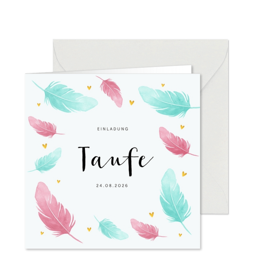 Taufeinladung mit Federn in rosa und blau - Karteneindruck
