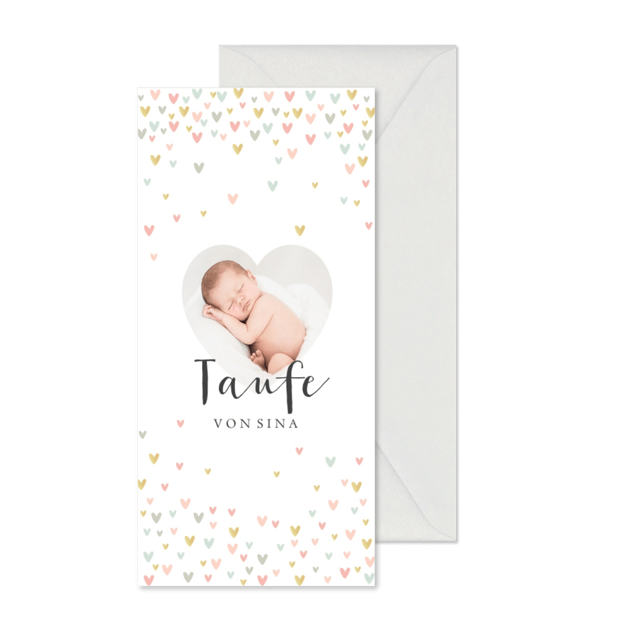 Taufeinladung mit Foto und kleinen Herzen - Karteneindruck