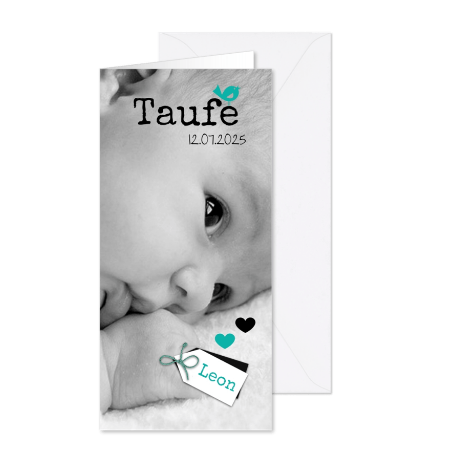 Taufeinladung mit großem Foto und kleinem Vogel - Karteneindruck
