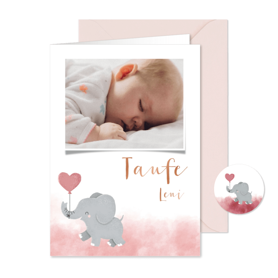 Taufeinladung rosa Aquarell Elefant mit Luftballon & Foto - Kartenvorschau
