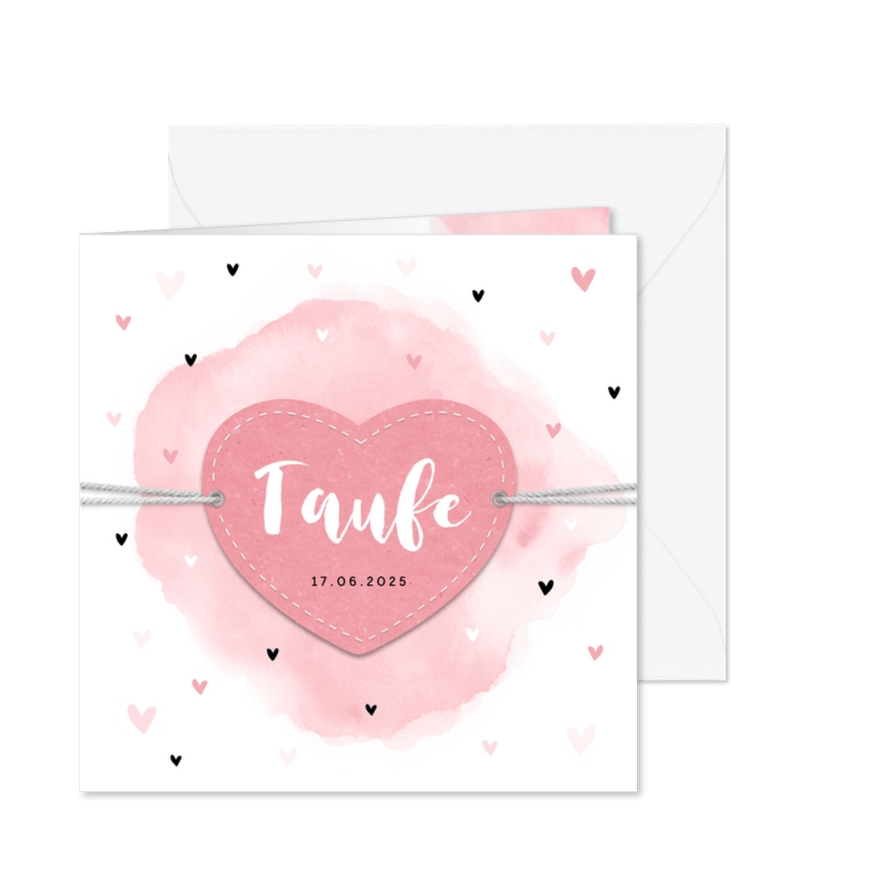 Taufeinladung rosa Aquarell mit Herzen Foto innen - Karteneindruck