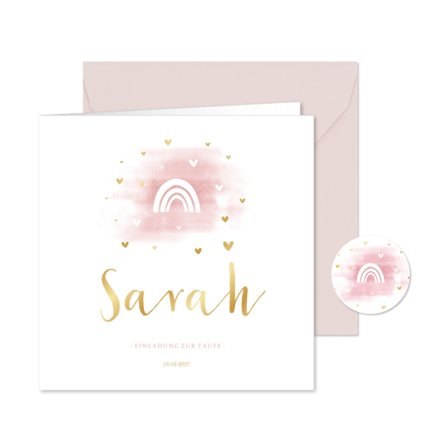 Taufeinladung rosa Aquarell Regenbogen & Herzen - Karteneindruck
