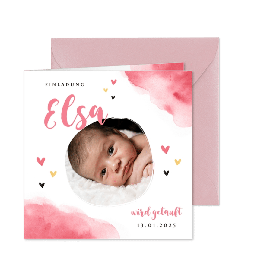 Taufeinladung rosa Wasserfarbe mit Foto und Herzchen - Karteneindruck
