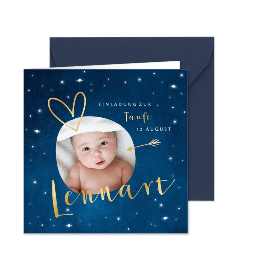 Taufeinladung rundes Foto und Sternenhimmel - Karteneindruck
