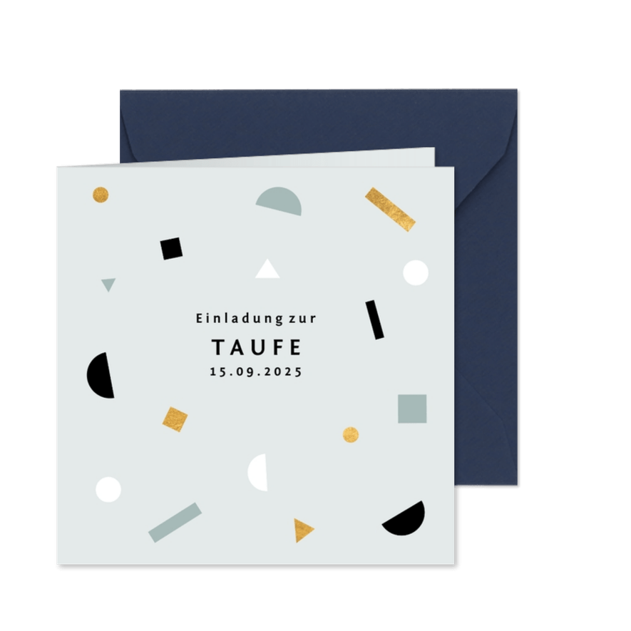 Taufeinladung schlicht blau mit modernem Konfetti - Karteneindruck