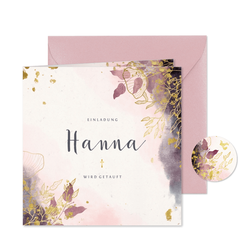 Taufeinladung Watercolour rosa botanisch - Kartenvorschau
