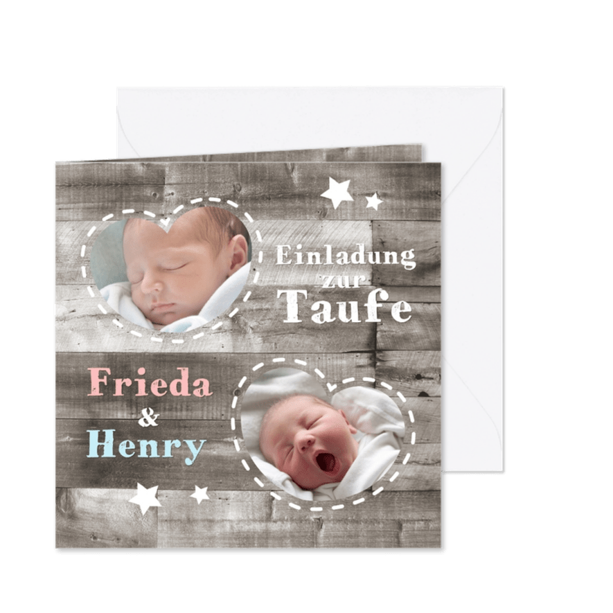 Taufeinladung Zwilling Fotos in Herzen auf Holz - Karteneindruck