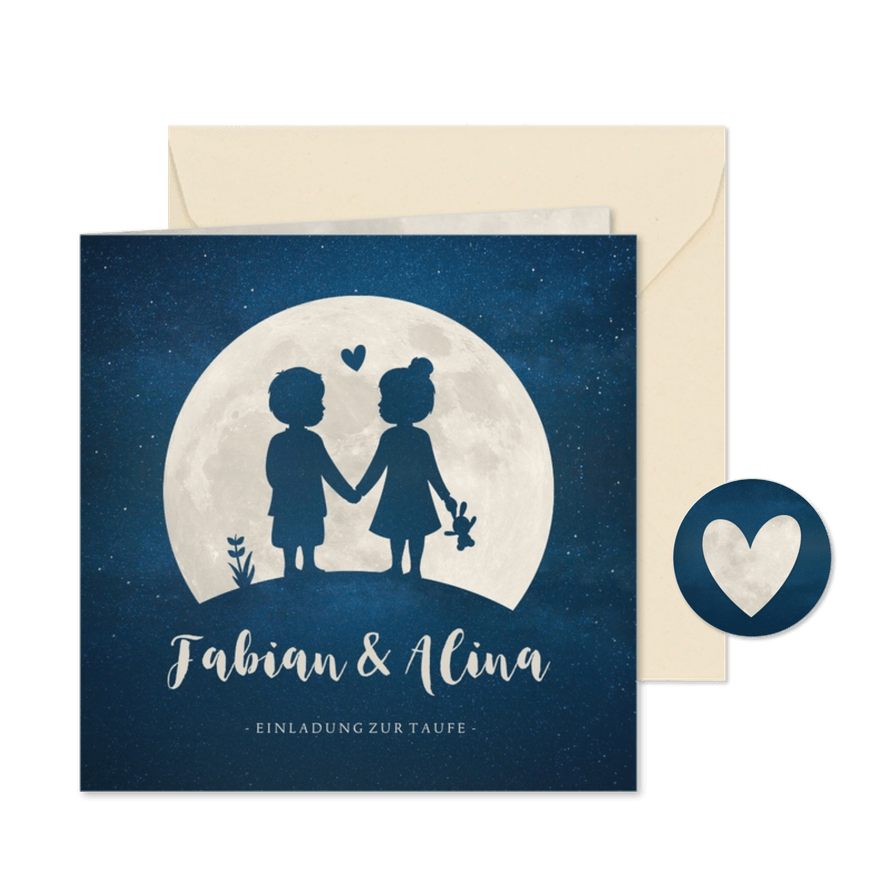 Taufeinladung Zwilling Junge Mädchen Silhouette mit Mond - Karteneindruck