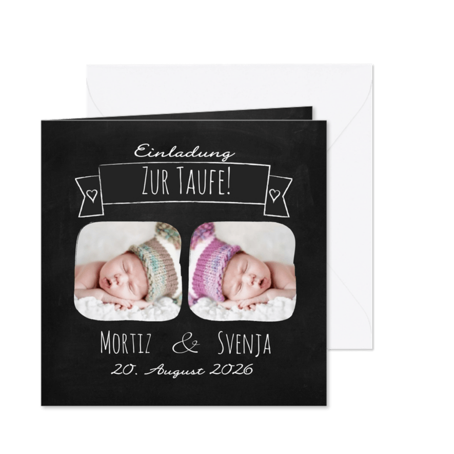 Taufeinladung Zwillinge im Kreidelook mit Fotos - Karteneindruck
