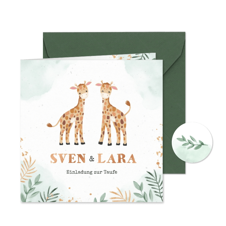 Taufeinladung Zwillinge mit zwei niedlichen Giraffen - Karteneindruck
