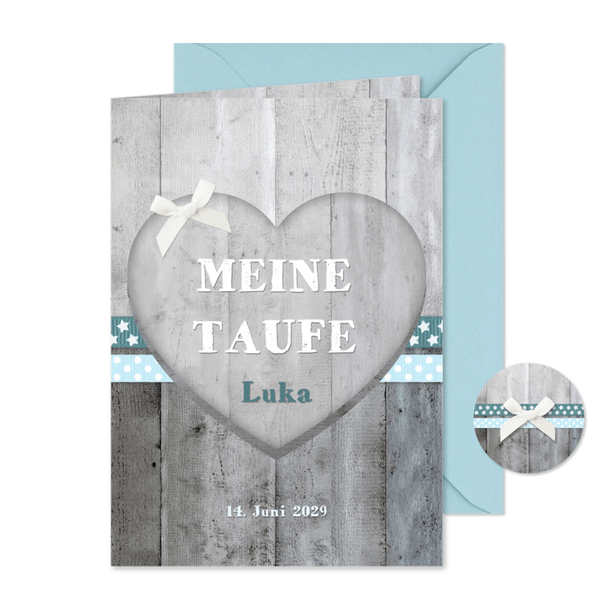 Taufheft Holzherz blaue Bänder - Karteneindruck
