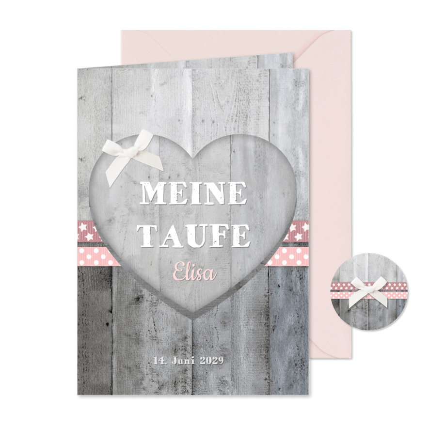 Taufheft Holzherz rosa Bänder - Karteneindruck
