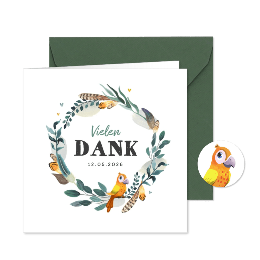 Taufkarte Danke Feder-Blumenkranz und Vogel - Kartenvorschau