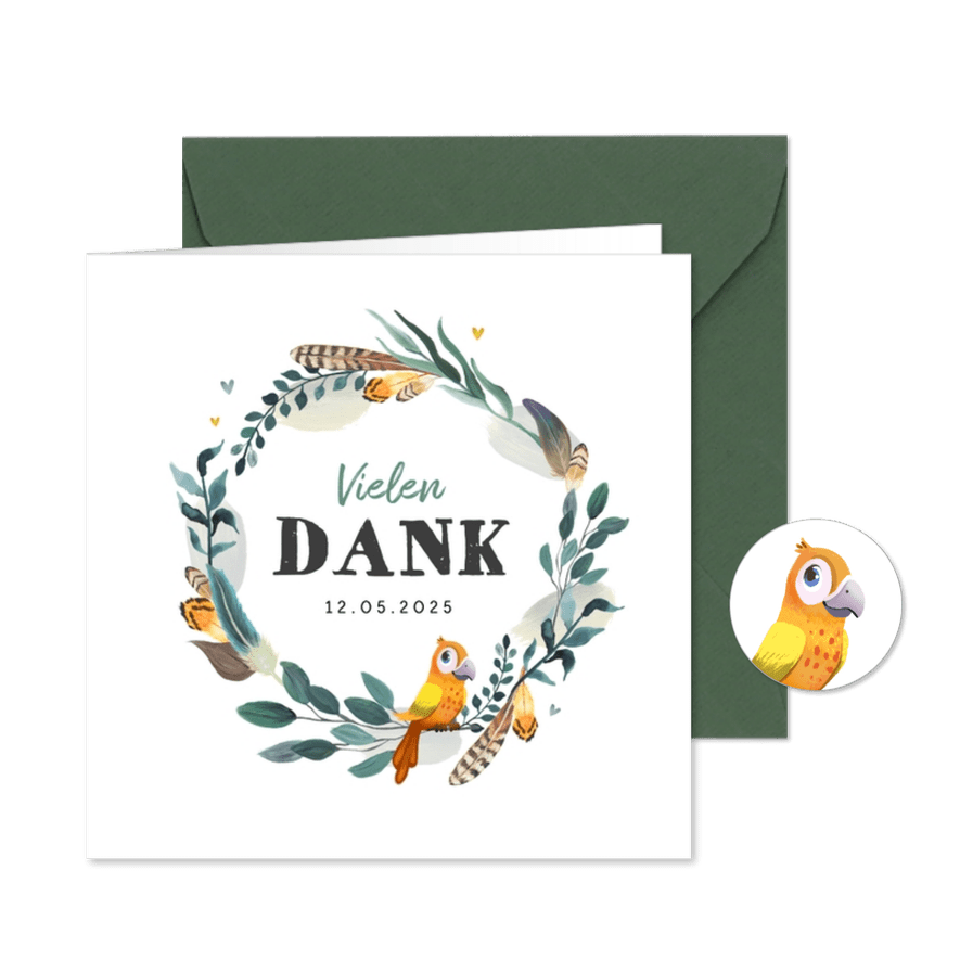 Taufkarte Danke Feder-Blumenkranz und Vogel - Karteneindruck