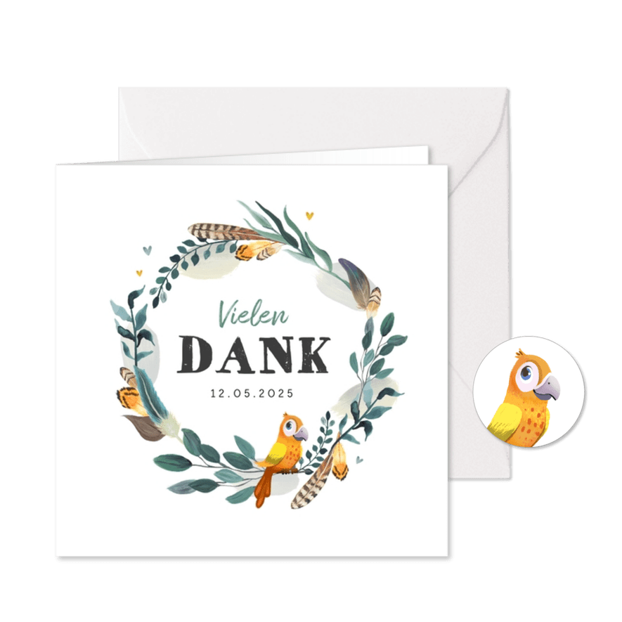 Taufkarte Danke Feder-Blumenkranz und Vogel - Karteneindruck
