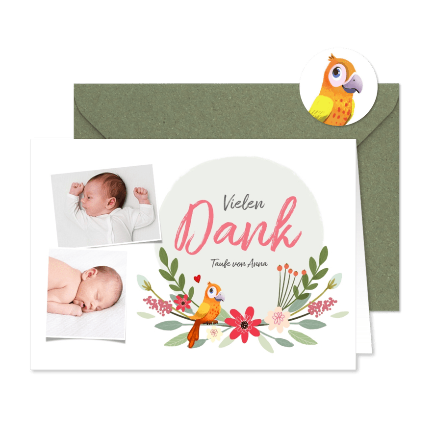 Taufkarte Danksagung Fotos, Blumen und Vogel - Karteneindruck