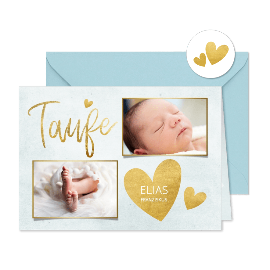 Taufkarte Einladung blau Fotos & Goldherzen - Karteneindruck