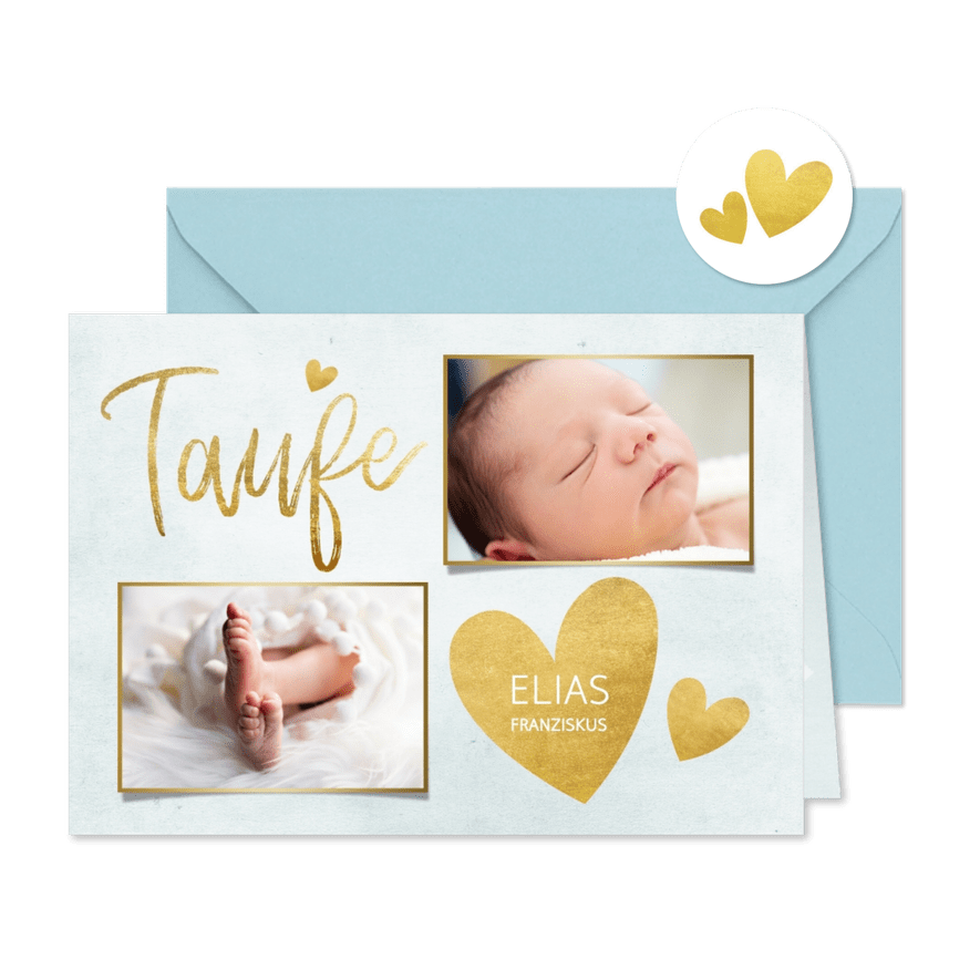 Taufkarte Einladung blau Fotos & Goldherzen - Karteneindruck
