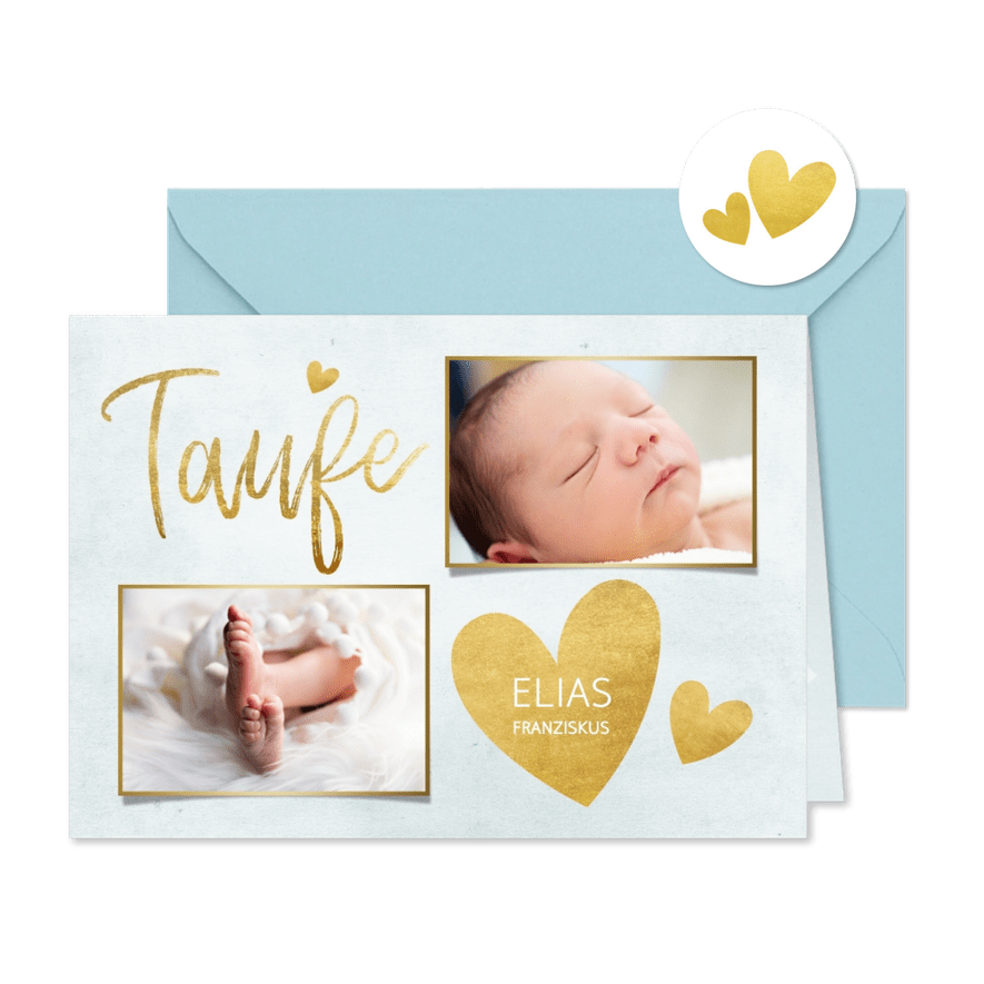 Taufkarte Einladung blau Fotos & Goldherzen - Karteneindruck
