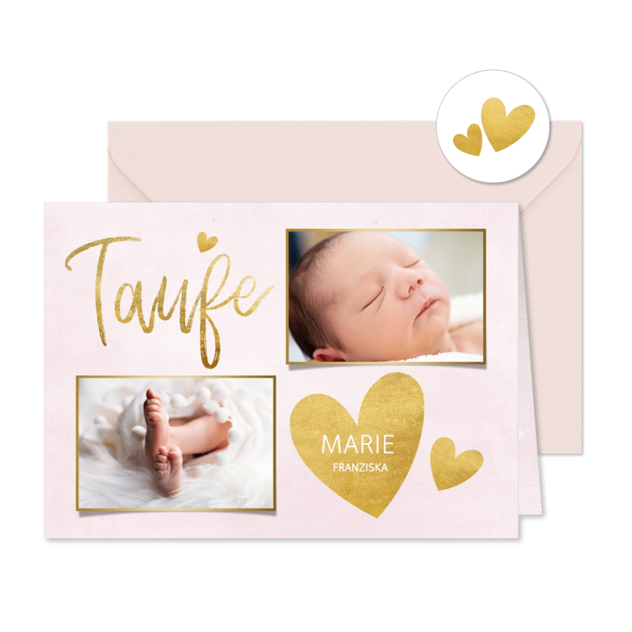 Taufkarte Einladung rosa Fotos & Goldherzen - Karteneindruck